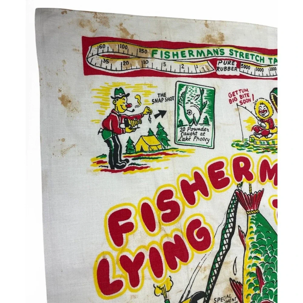 Vintage Fisherman's Lying Towel 1950s Mid Century Dish Tea Kitsch Funny Novelty
